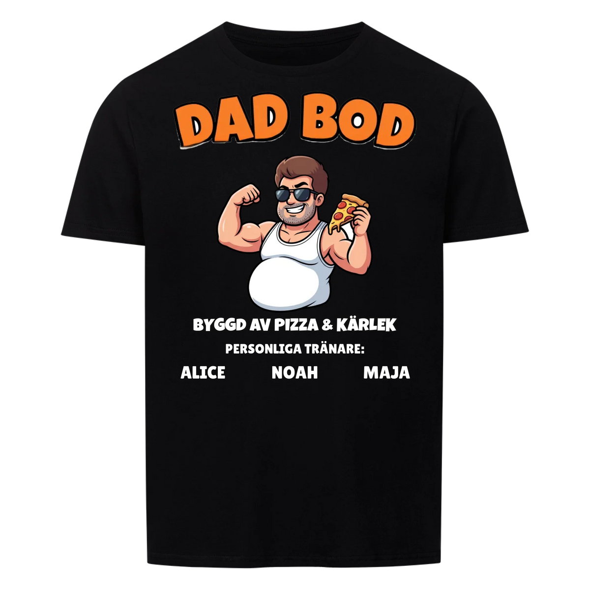 Dad Bod t-shirt med ditt foto som tecknad pappa och barnens namn. Rolig present till pappa