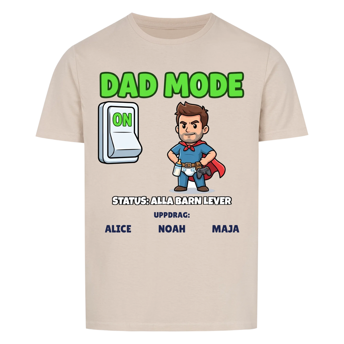 Dad Mode t-shirt med ditt foto som tecknad superpappa och barnens namn. Rolig present till pappa