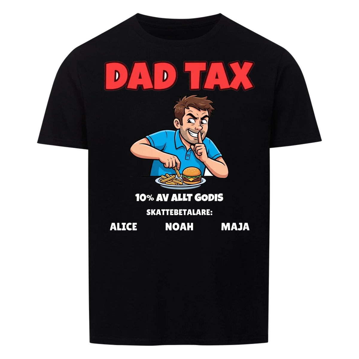 Dad Tax t-shirt med ditt foto som tecknad pappa och barnens namn. Rolig present till pappa