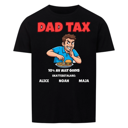 Dad Tax t-shirt med ditt foto som tecknad pappa och barnens namn. Rolig present till pappa