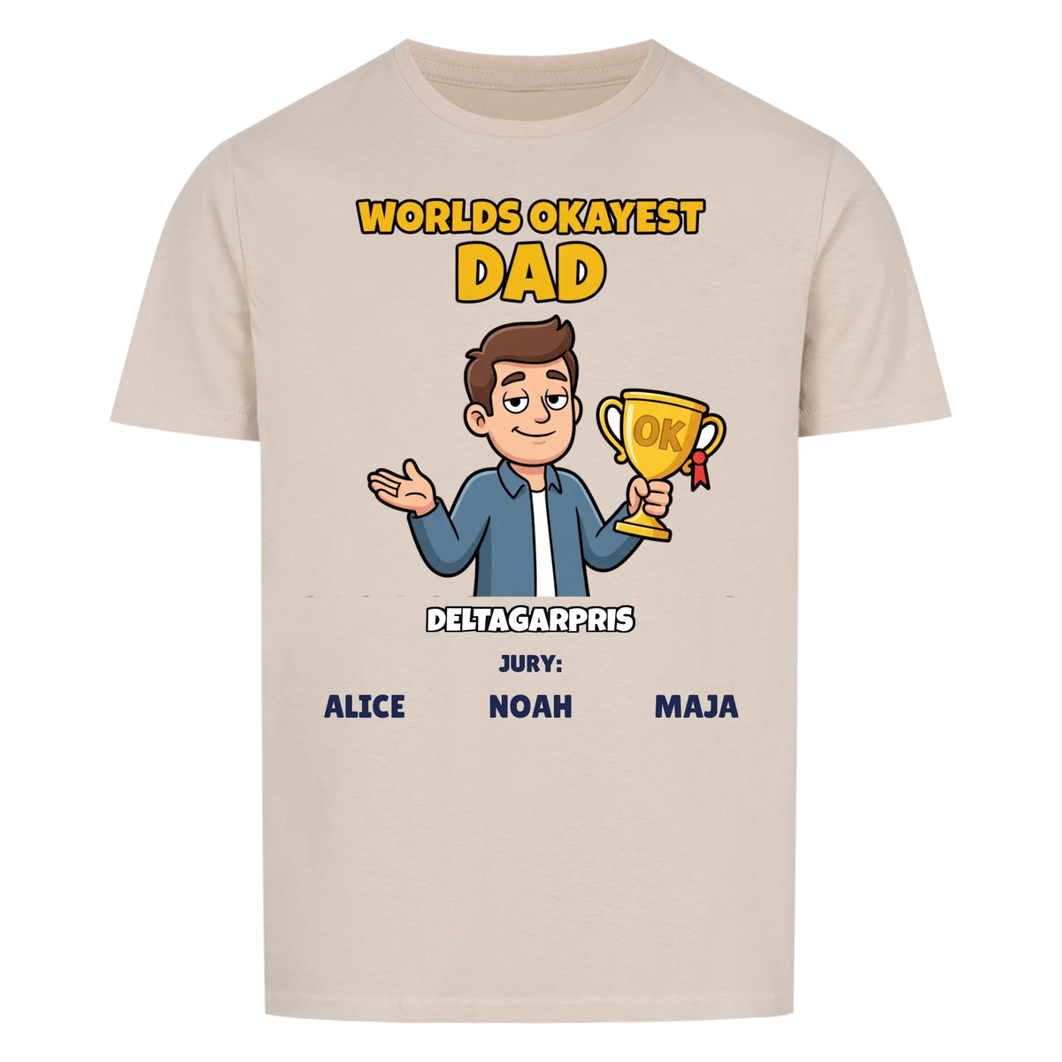 Worlds Okayest Dad t-shirt med ditt foto som tecknad pappa och barnens namn. Rolig present till pappa