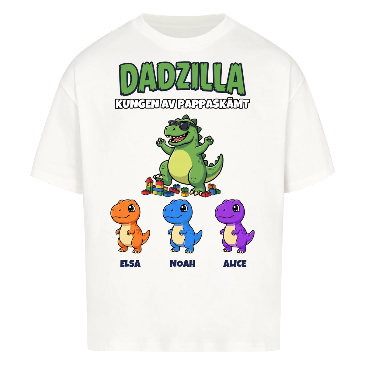 Dadzilla t-shirt med tecknad monsterpappa, små monster och barnens namn. Rolig present till pappa