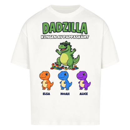 Dadzilla t-shirt med tecknad monsterpappa, små monster och barnens namn. Rolig present till pappa