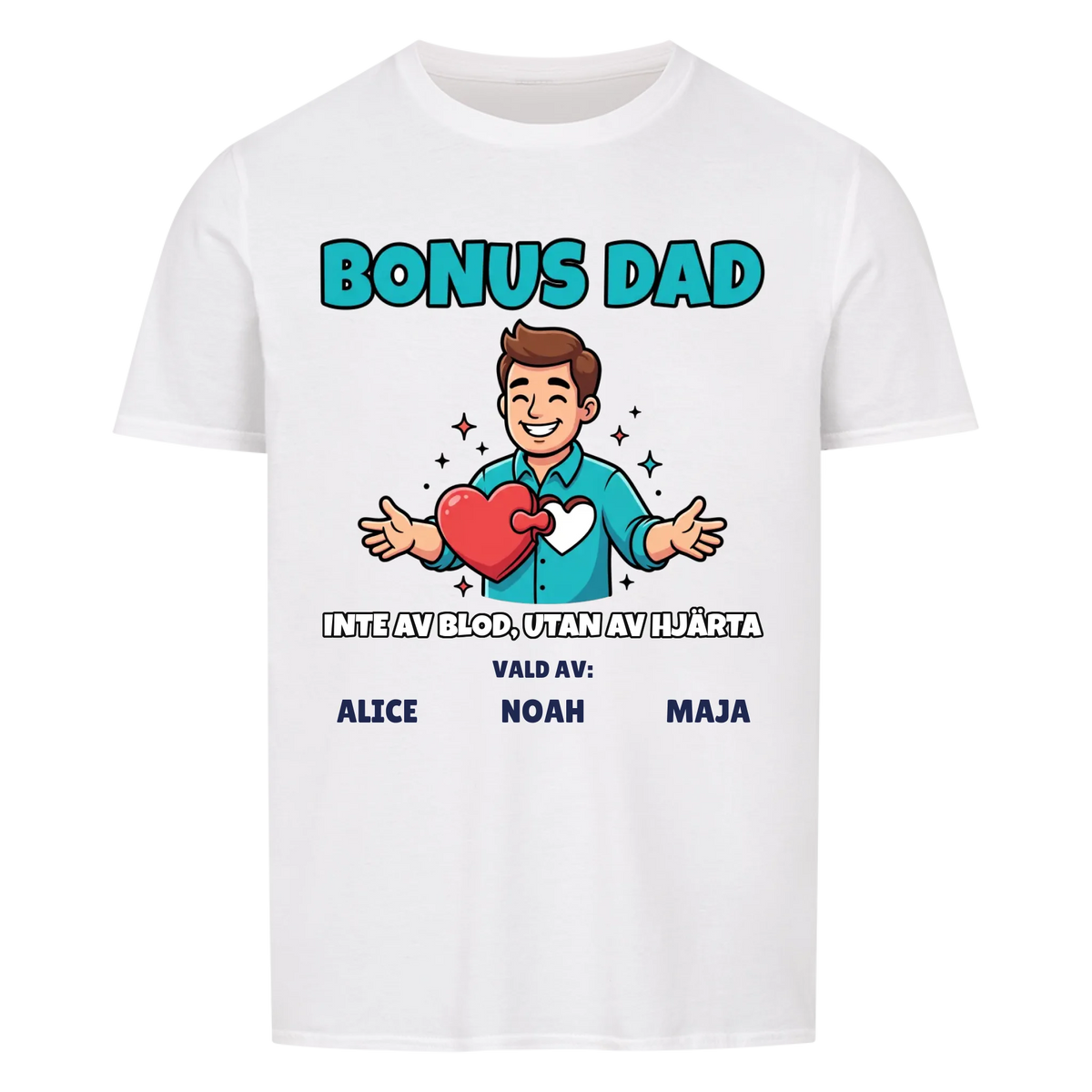 Bonus Dad t-shirt med ditt foto som tecknad bonuspappa och barnens namn. Personlig present till bonuspappa