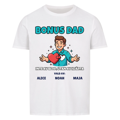 Bonus Dad t-shirt med ditt foto som tecknad bonuspappa och barnens namn. Personlig present till bonuspappa
