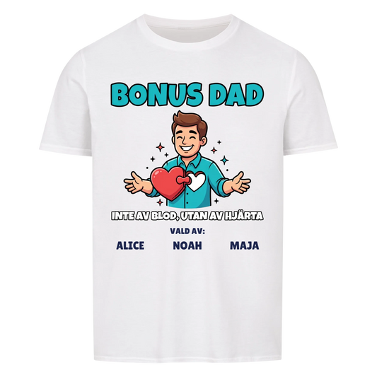 Bonus Dad t-shirt med ditt foto som tecknad bonuspappa och barnens namn. Personlig present till bonuspappa