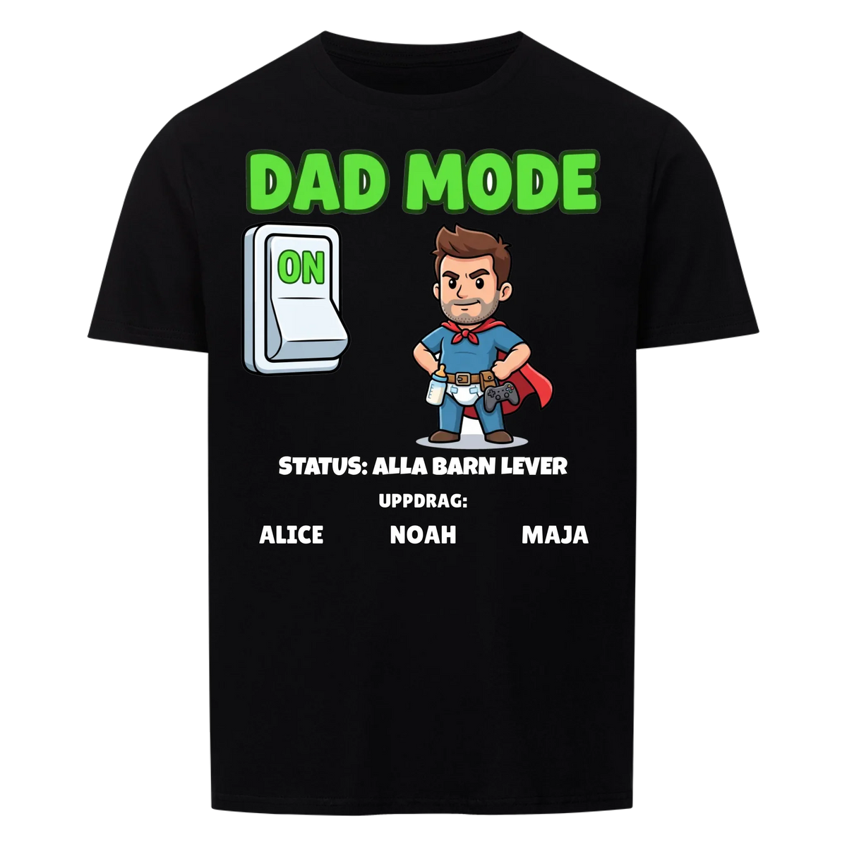 Dad Mode t-shirt med ditt foto som tecknad superpappa och barnens namn. Rolig present till pappa