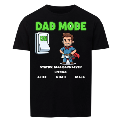 Dad Mode t-shirt med ditt foto som tecknad superpappa och barnens namn. Rolig present till pappa