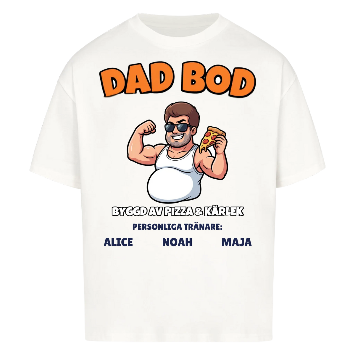 Dad Bod t-shirt med ditt foto som tecknad pappa och barnens namn. Rolig present till pappa