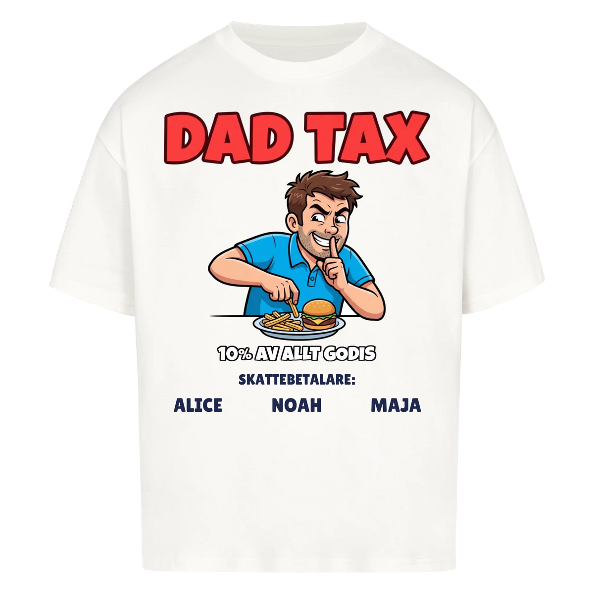 Dad Tax t-shirt med ditt foto som tecknad pappa och barnens namn. Rolig present till pappa