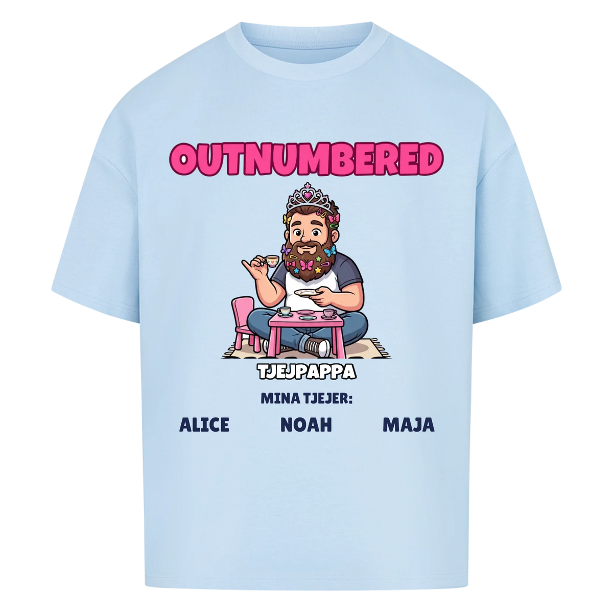 Girl Dad t-shirt med ditt foto som tecknad pappa och döttrarnas namn. Personlig present till pappa