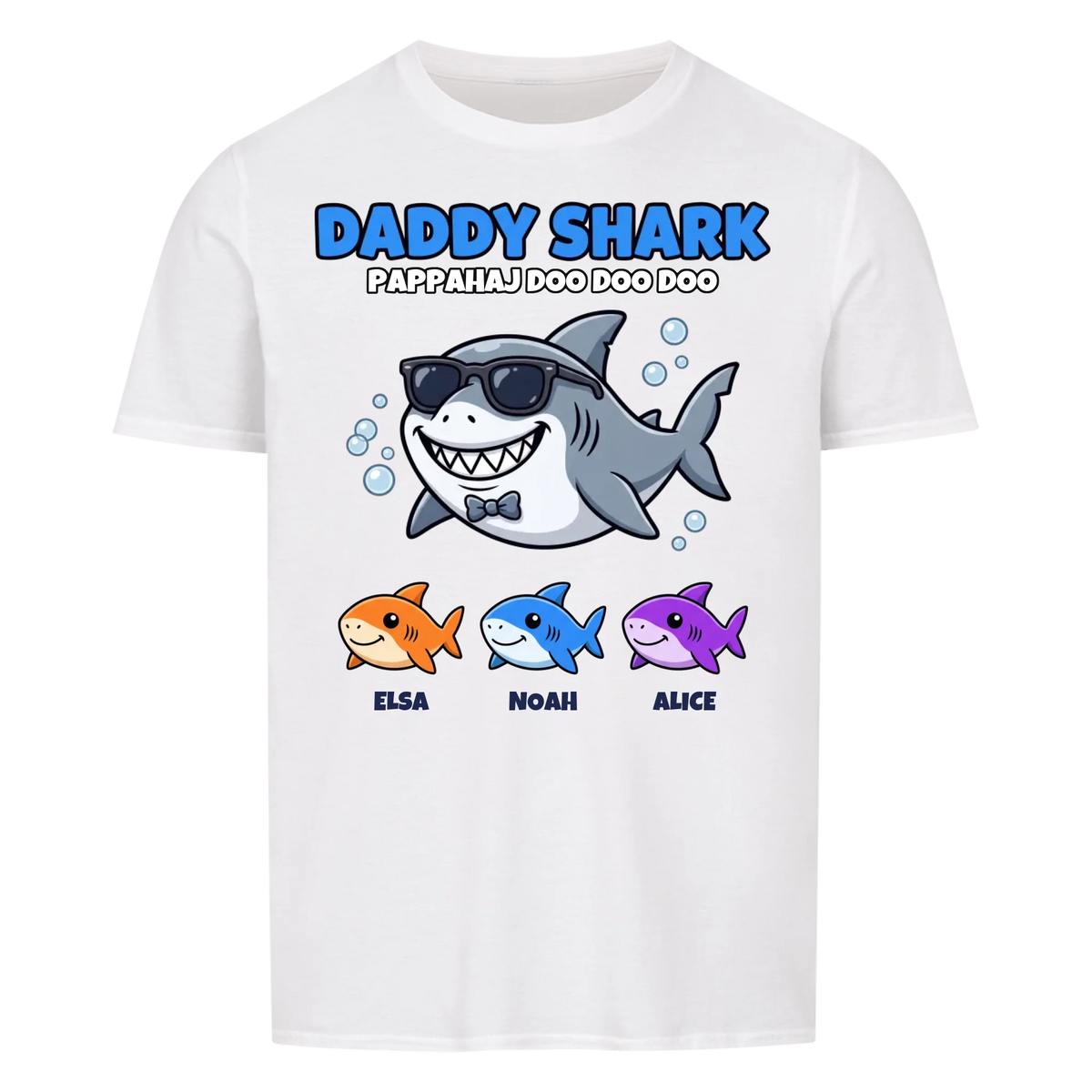 Daddy Shark t-shirt med tecknad hajpappa, små hajar och barnens namn. Rolig present till pappa
