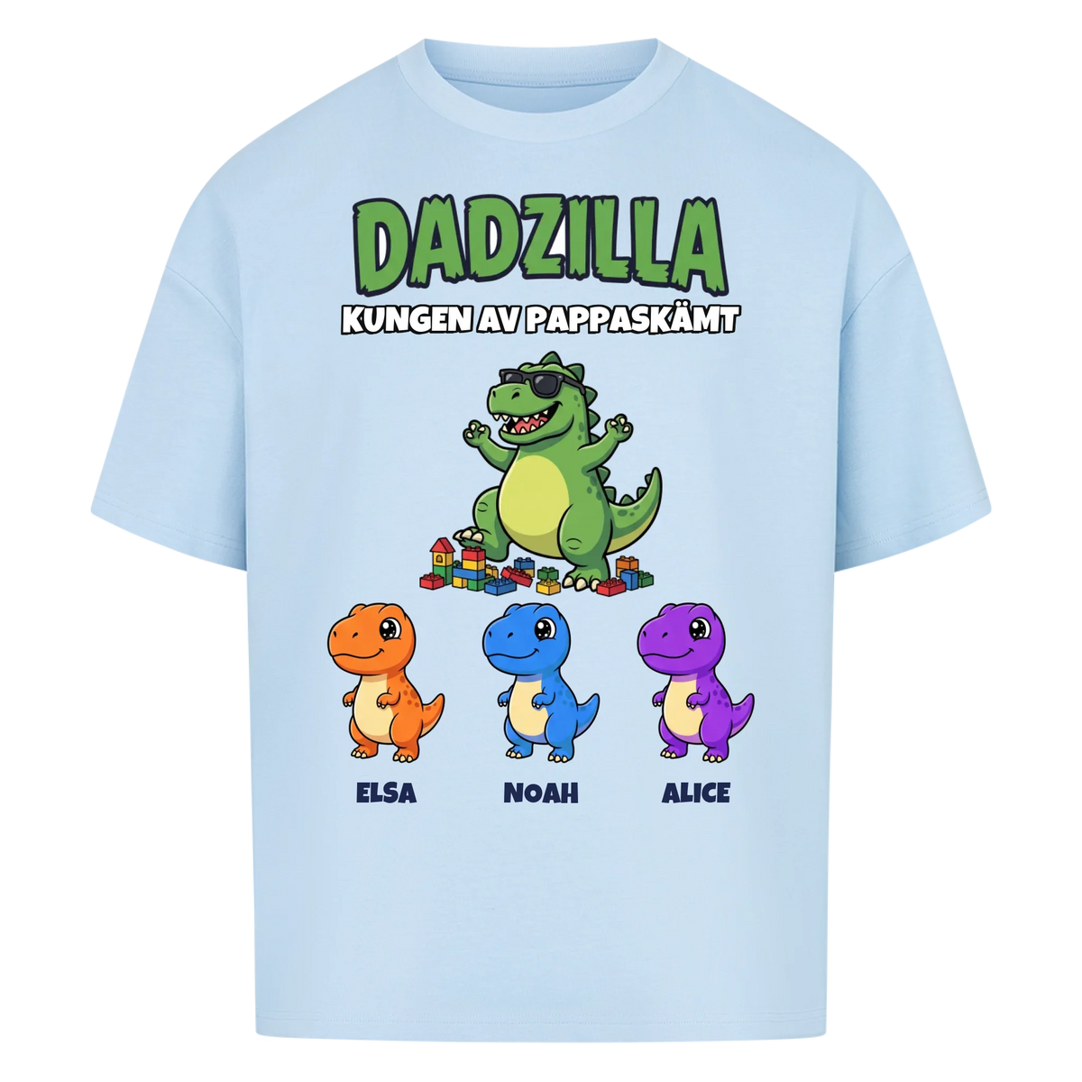 Dadzilla t-shirt med tecknad monsterpappa, små monster och barnens namn. Rolig present till pappa