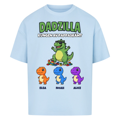 Dadzilla t-shirt med tecknad monsterpappa, små monster och barnens namn. Rolig present till pappa