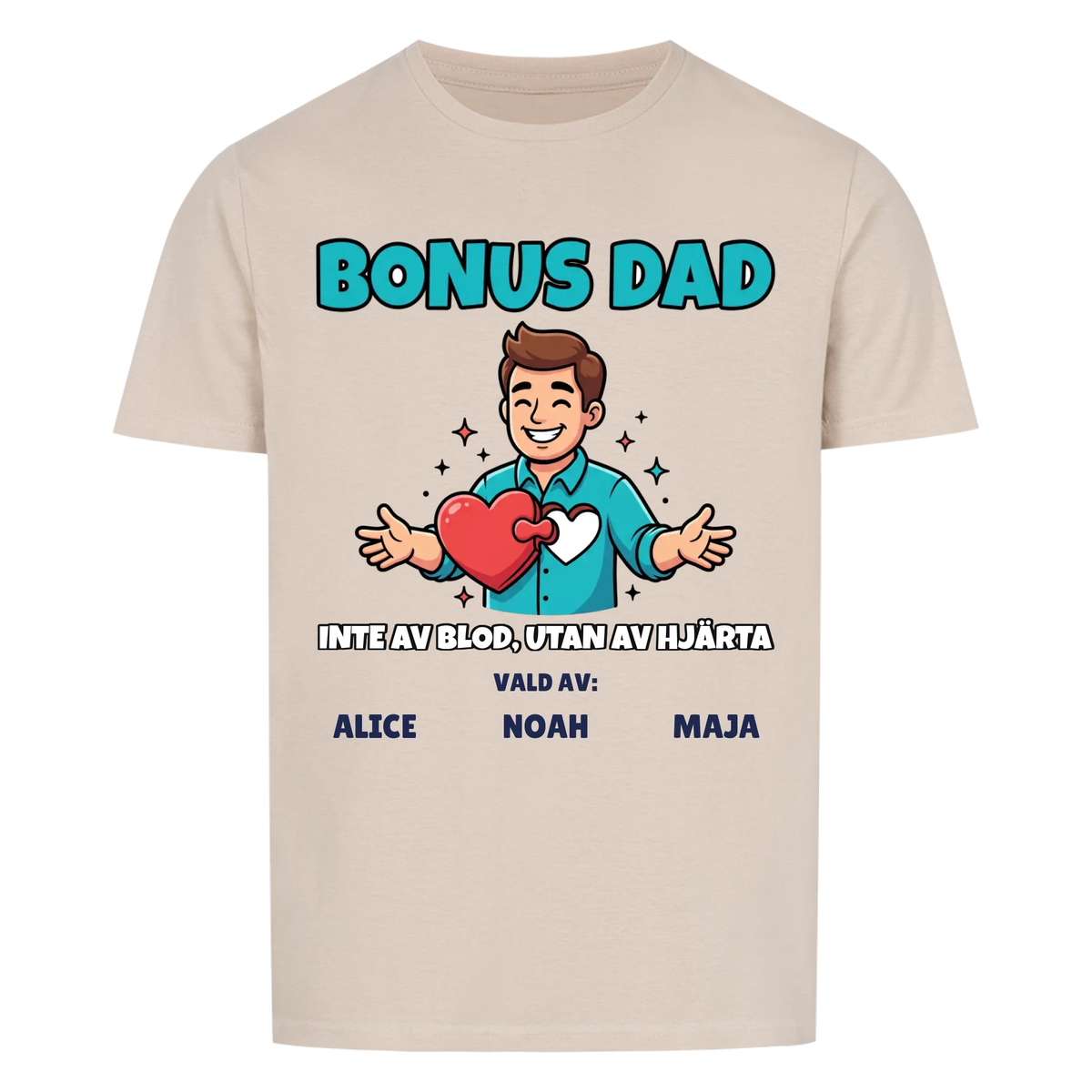 Bonus Dad t-shirt med ditt foto som tecknad bonuspappa och barnens namn. Personlig present till bonuspappa