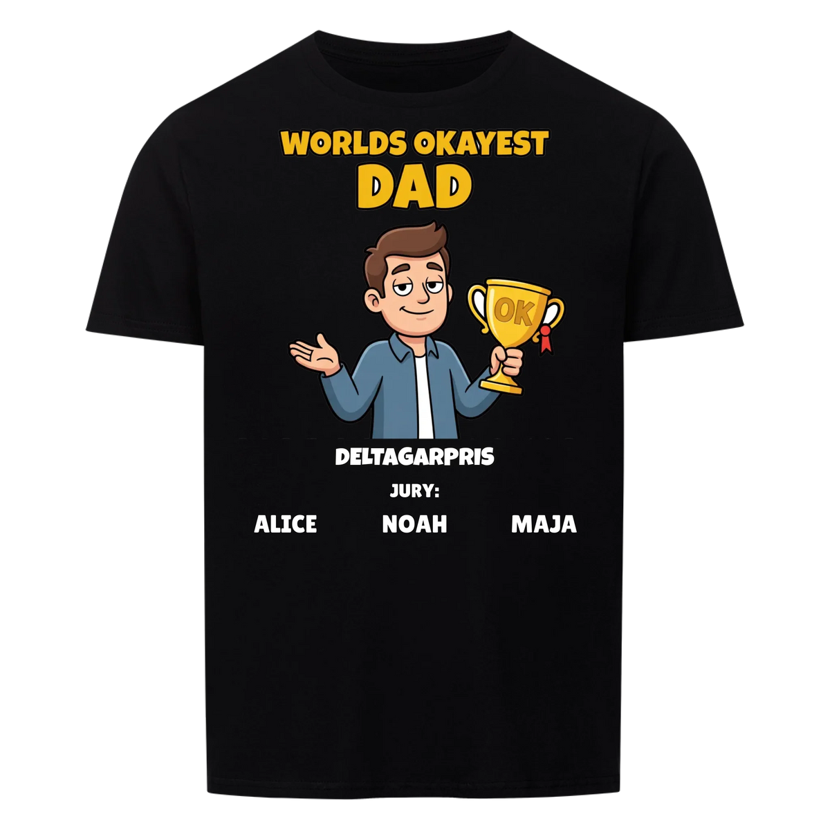 Worlds Okayest Dad t-shirt med ditt foto som tecknad pappa och barnens namn. Rolig present till pappa
