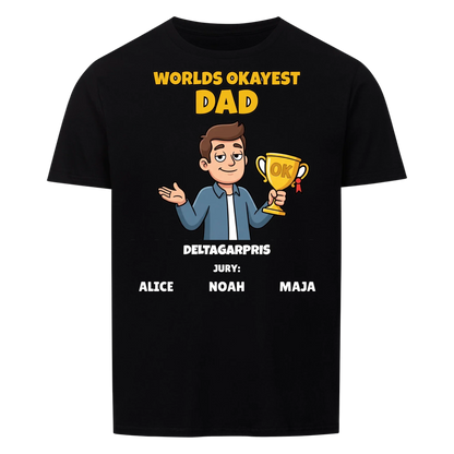 Worlds Okayest Dad t-shirt med ditt foto som tecknad pappa och barnens namn. Rolig present till pappa