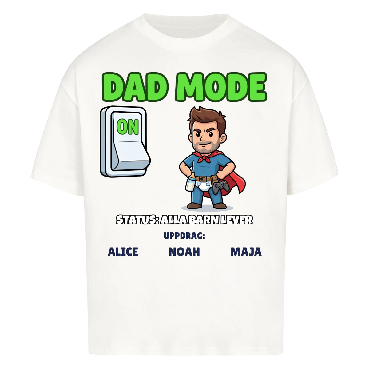 Dad Mode t-shirt med ditt foto som tecknad superpappa och barnens namn. Rolig present till pappa