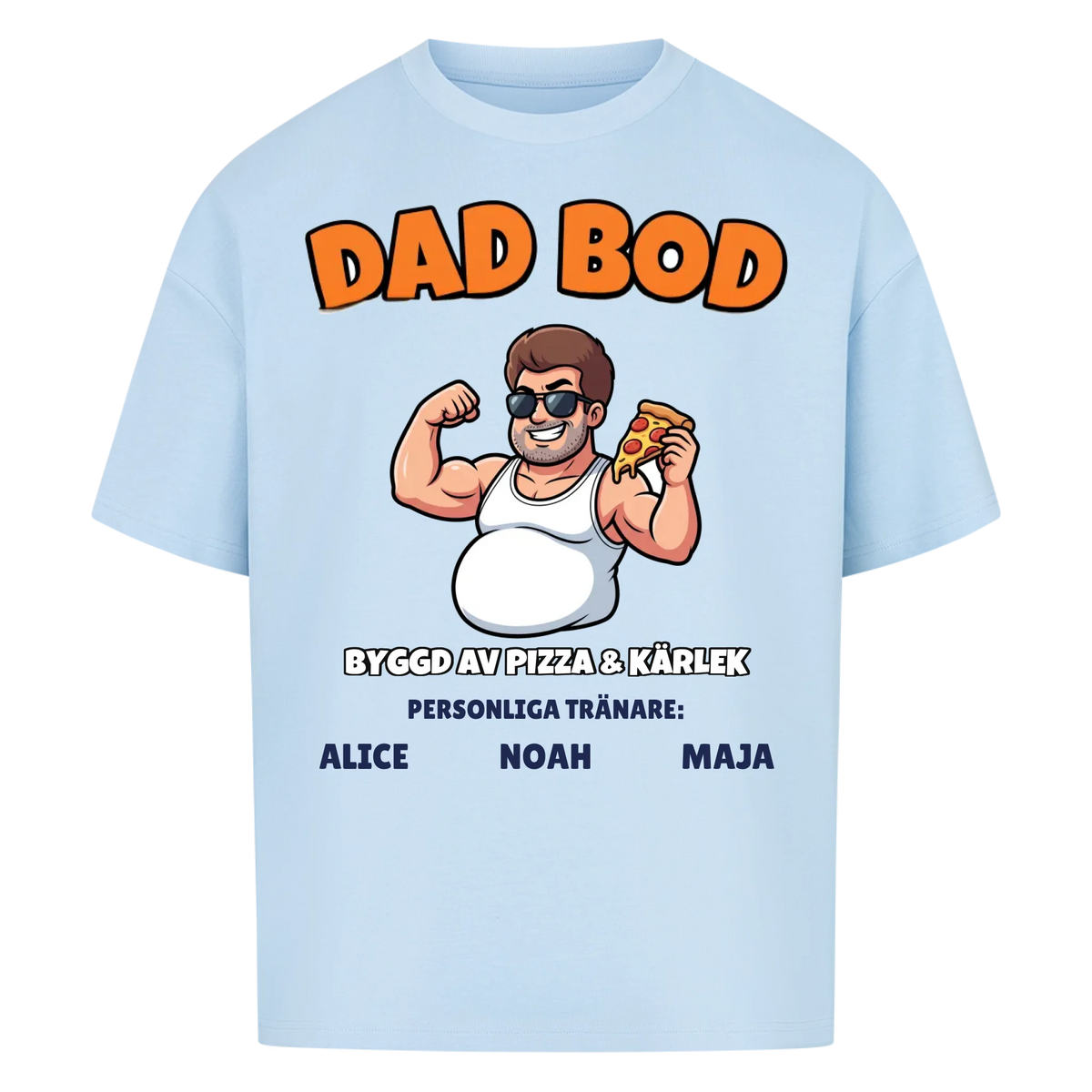 Dad Bod t-shirt med ditt foto som tecknad pappa och barnens namn. Rolig present till pappa