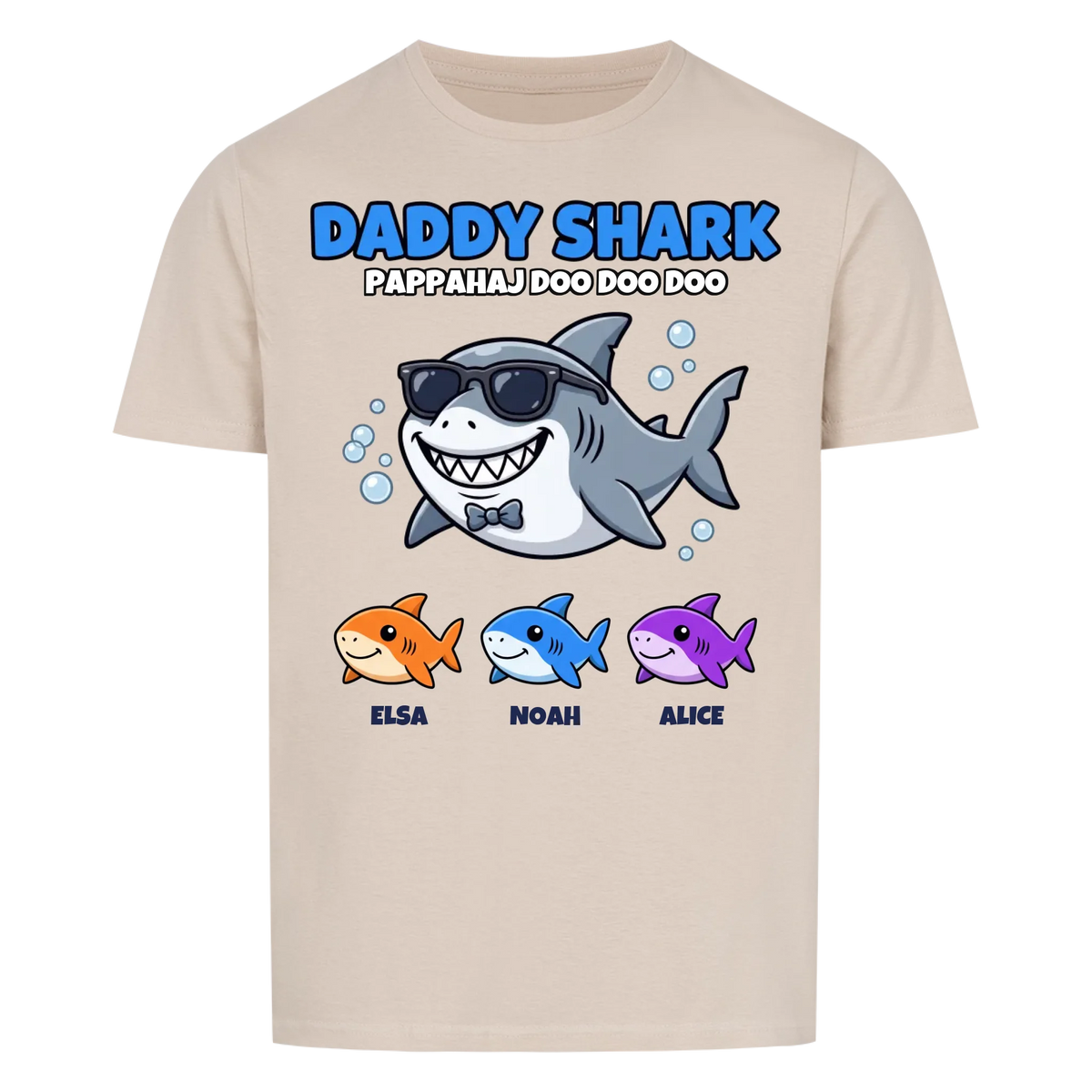 Daddy Shark t-shirt med tecknad hajpappa, små hajar och barnens namn. Rolig present till pappa