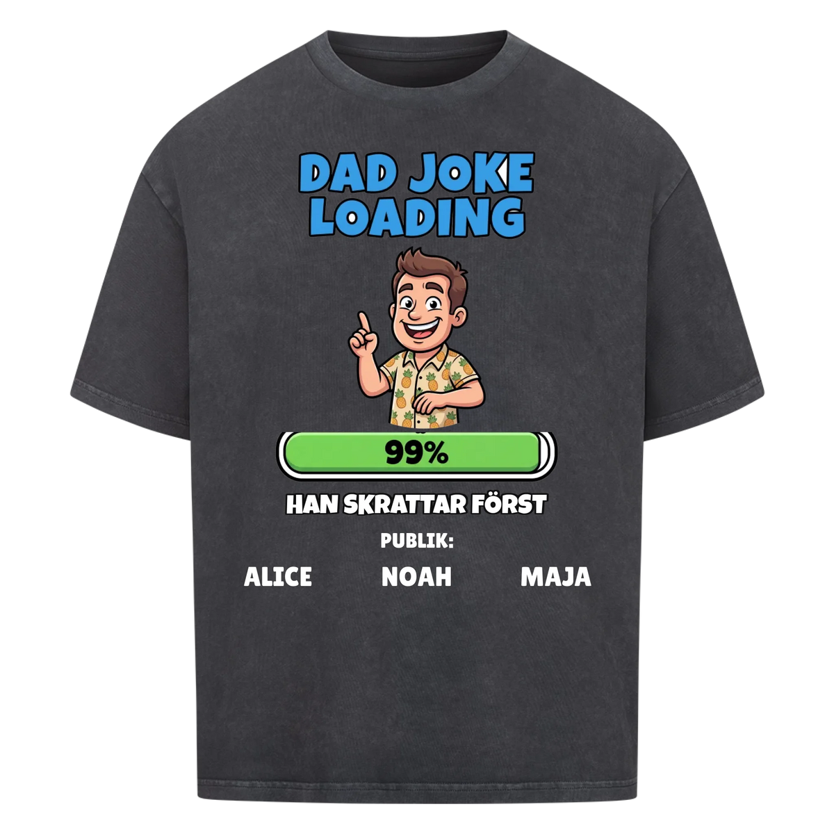 Dad Joke Loading t-shirt med ditt foto som tecknad pappa och barnens namn. Rolig present till pappa