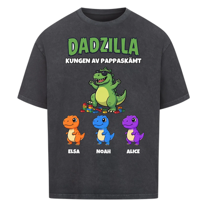 Dadzilla t-shirt med tecknad monsterpappa, små monster och barnens namn. Rolig present till pappa