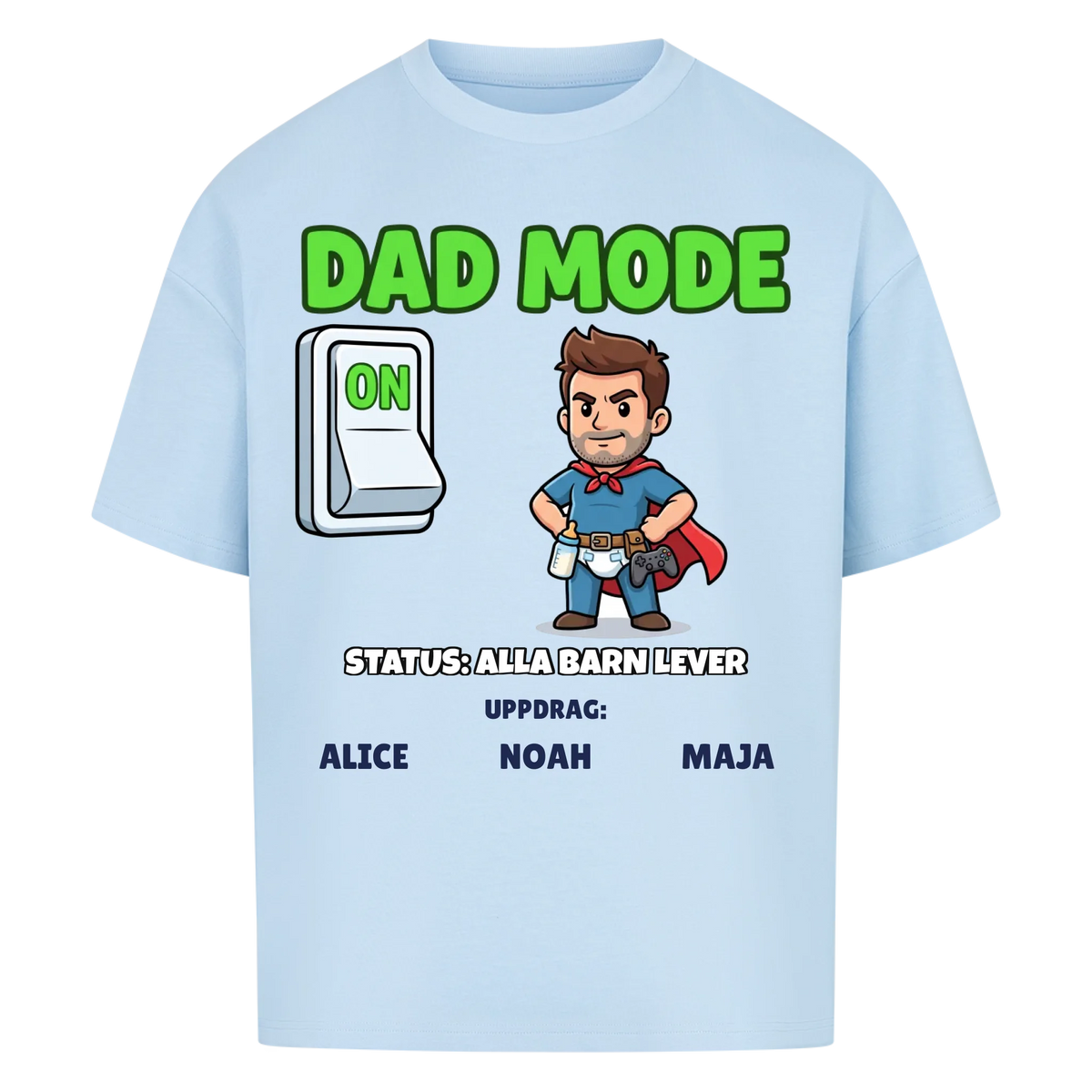 Dad Mode t-shirt med ditt foto som tecknad superpappa och barnens namn. Rolig present till pappa