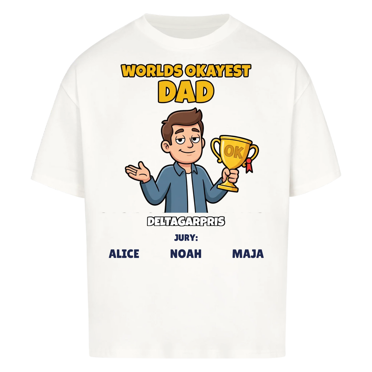 Worlds Okayest Dad t-shirt med ditt foto som tecknad pappa och barnens namn. Rolig present till pappa