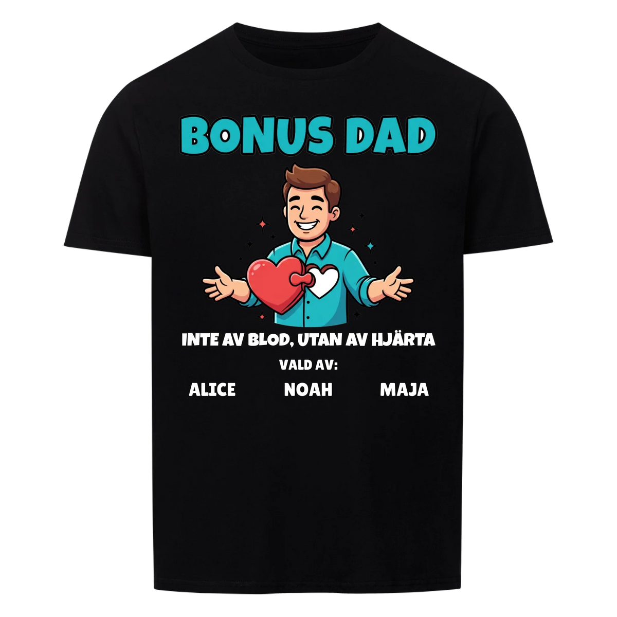 Bonus Dad t-shirt med ditt foto som tecknad bonuspappa och barnens namn. Personlig present till bonuspappa