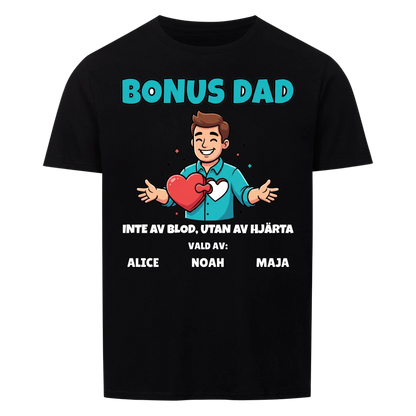Bonus Dad t-shirt med ditt foto som tecknad bonuspappa och barnens namn. Personlig present till bonuspappa