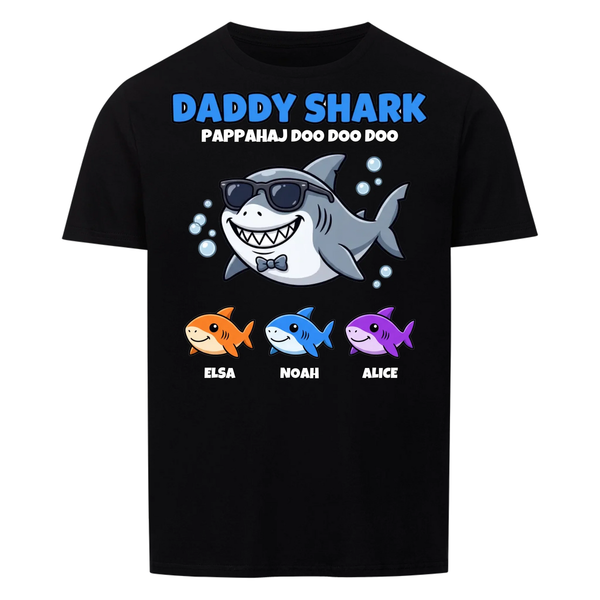 Daddy Shark t-shirt med tecknad hajpappa, små hajar och barnens namn. Rolig present till pappa