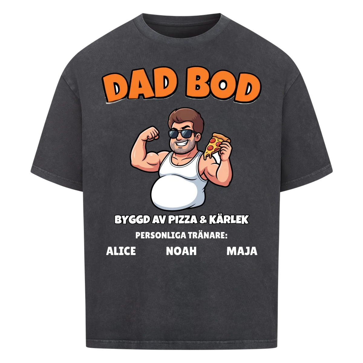 Dad Bod t-shirt med ditt foto som tecknad pappa och barnens namn. Rolig present till pappa