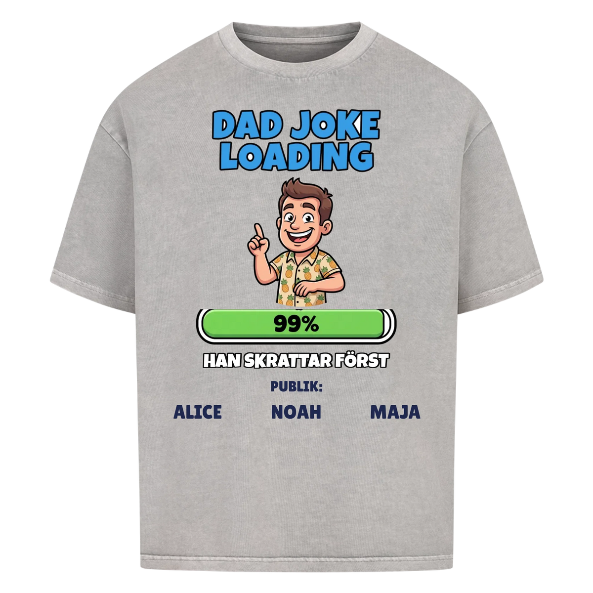 Dad Joke Loading t-shirt med ditt foto som tecknad pappa och barnens namn. Rolig present till pappa