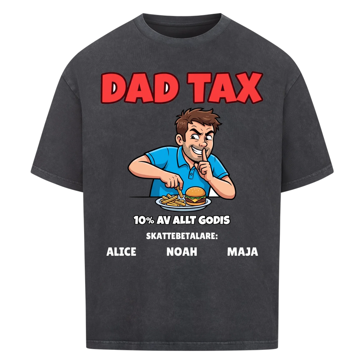 Dad Tax t-shirt med ditt foto som tecknad pappa och barnens namn. Rolig present till pappa
