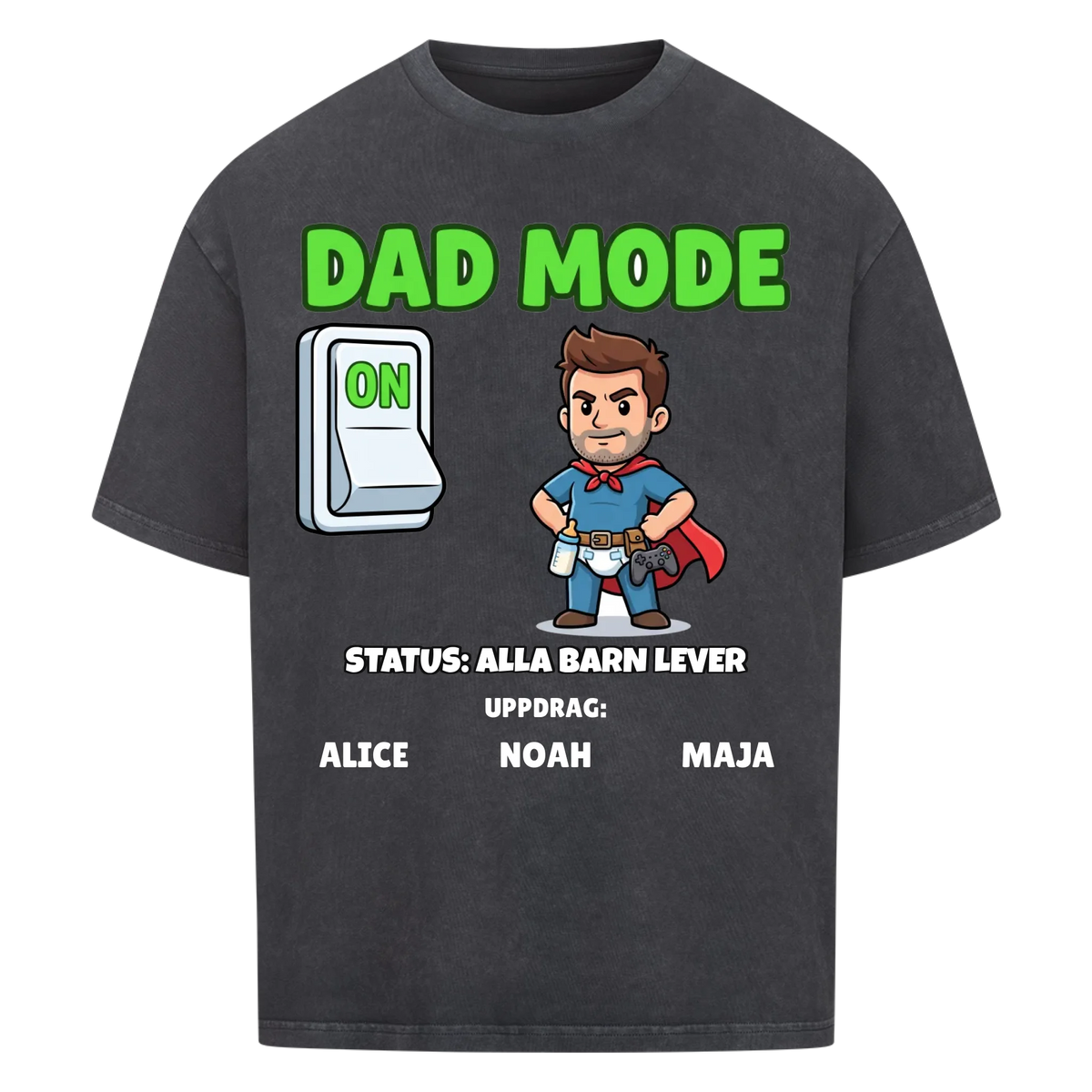 Dad Mode t-shirt med ditt foto som tecknad superpappa och barnens namn. Rolig present till pappa