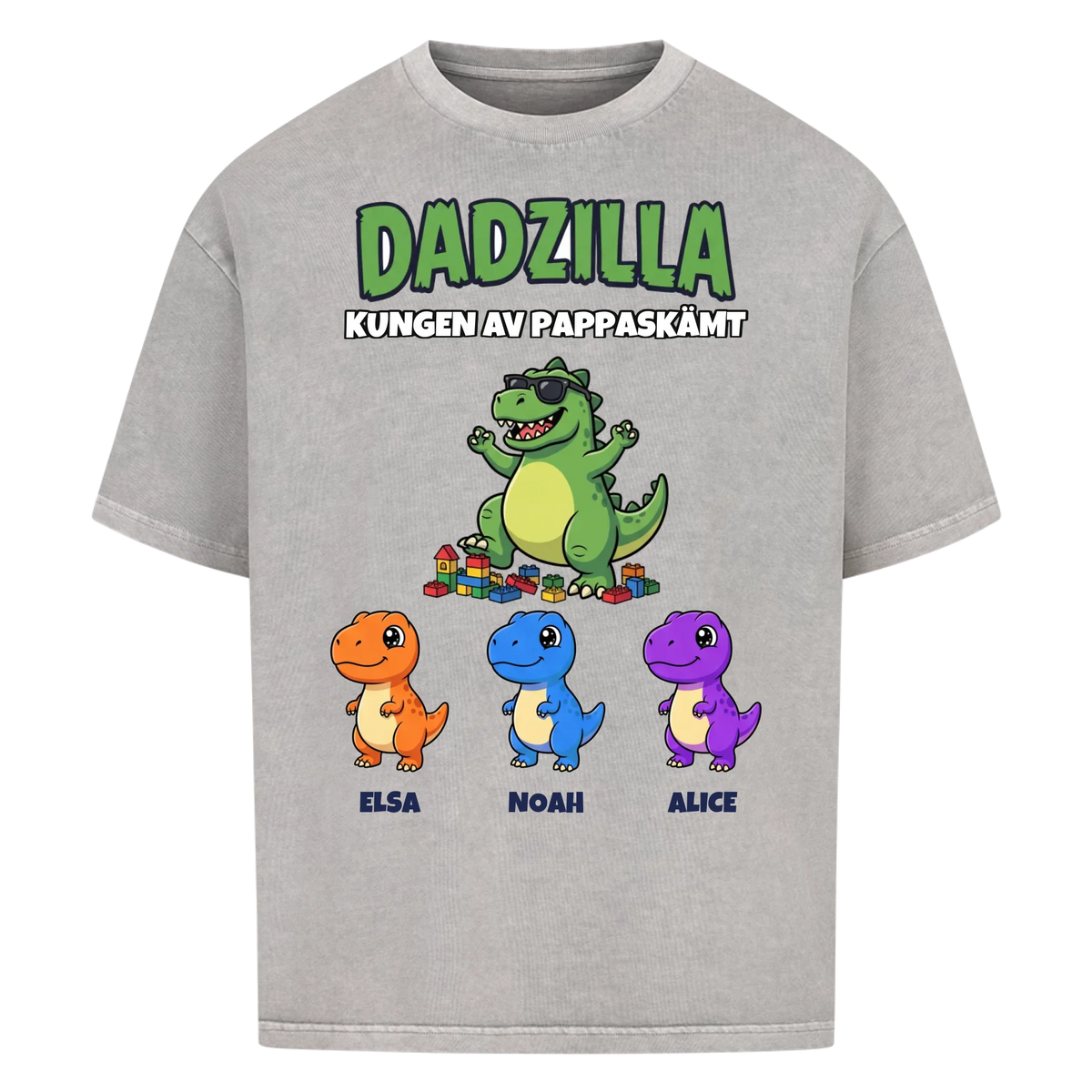 Dadzilla t-shirt med tecknad monsterpappa, små monster och barnens namn. Rolig present till pappa