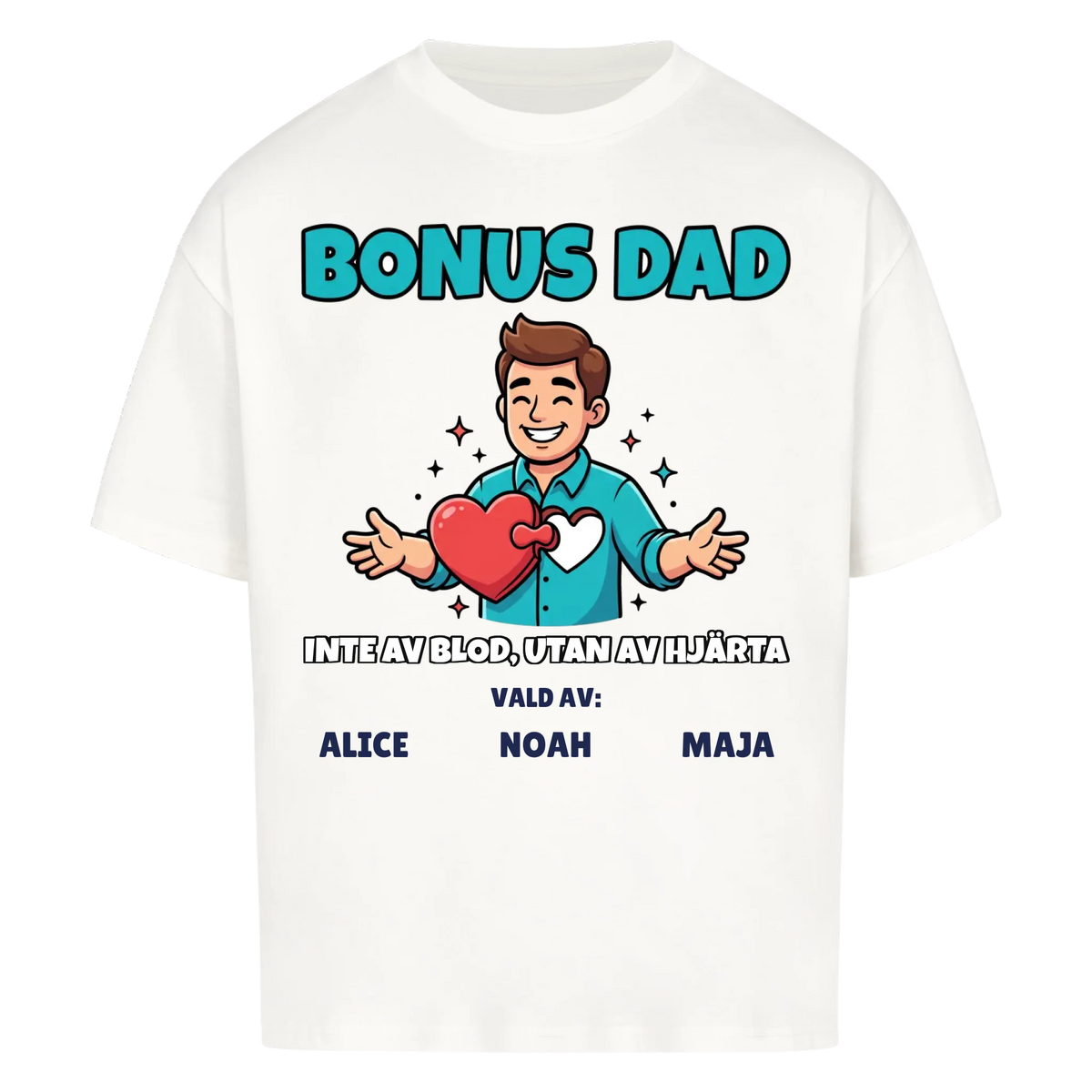 Bonus Dad t-shirt med ditt foto som tecknad bonuspappa och barnens namn. Personlig present till bonuspappa