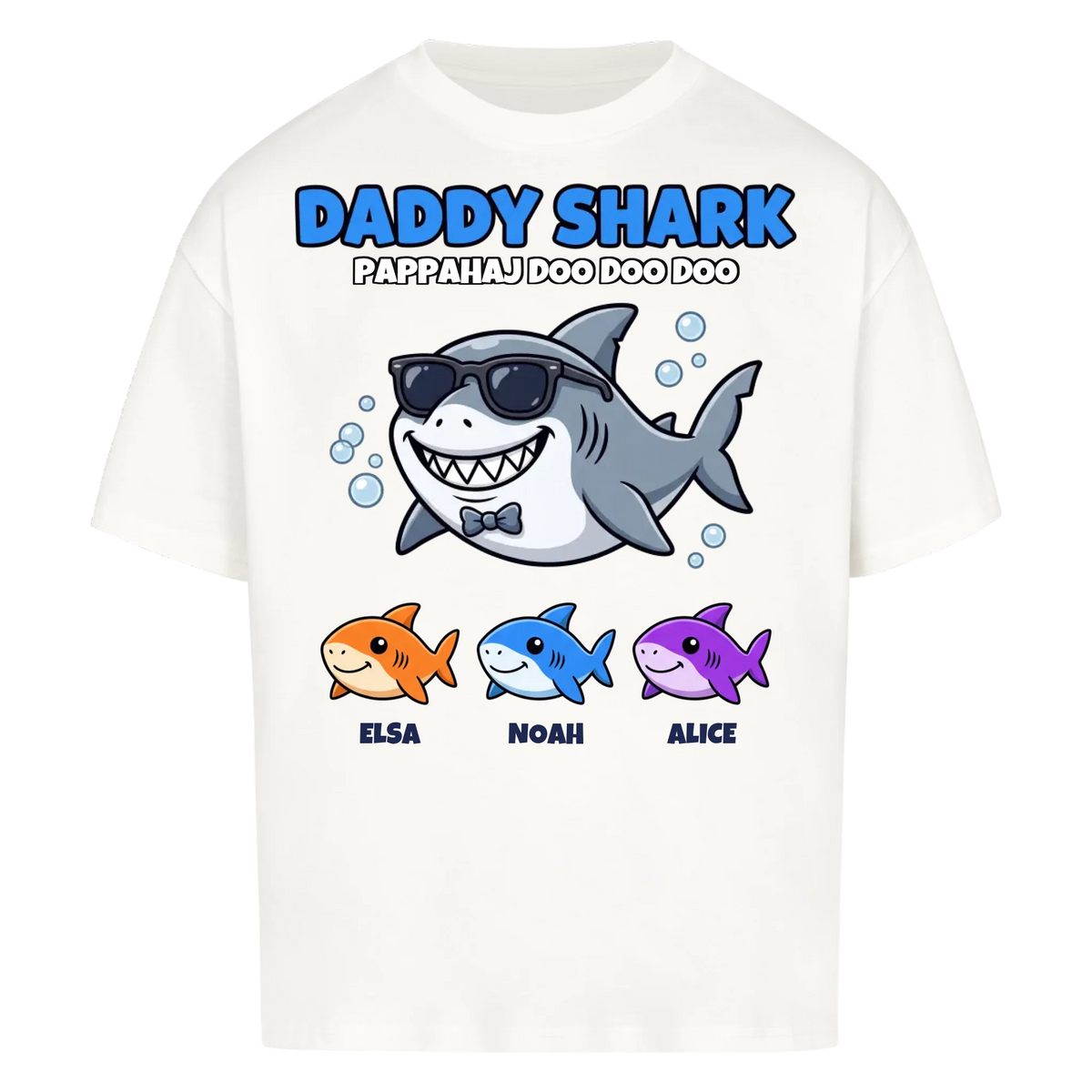 Daddy Shark t-shirt med tecknad hajpappa, små hajar och barnens namn. Rolig present till pappa