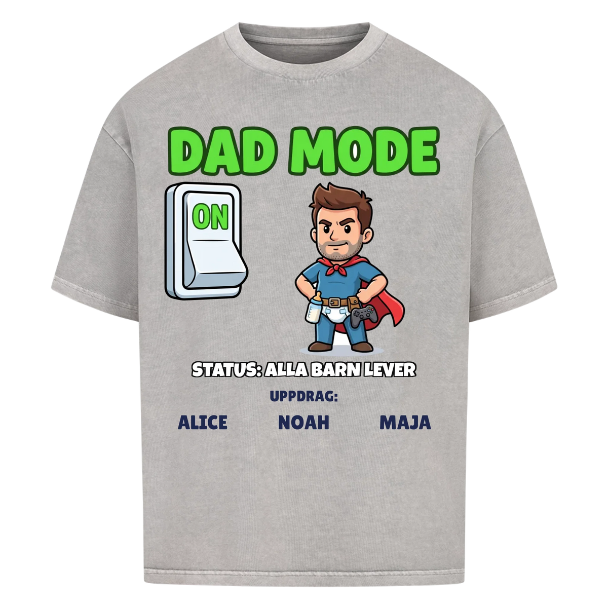 Dad Mode t-shirt med ditt foto som tecknad superpappa och barnens namn. Rolig present till pappa