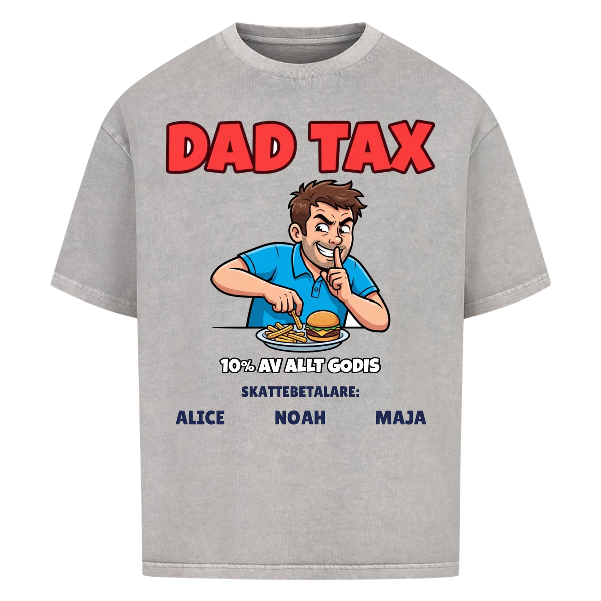 Dad Tax t-shirt med ditt foto som tecknad pappa och barnens namn. Rolig present till pappa