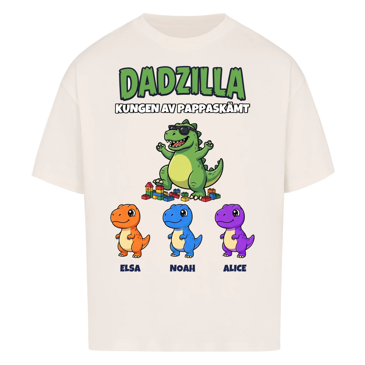 Dadzilla t-shirt med tecknad monsterpappa, små monster och barnens namn. Rolig present till pappa