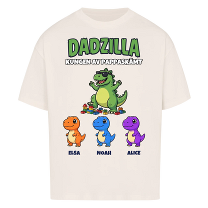 Dadzilla t-shirt med tecknad monsterpappa, små monster och barnens namn. Rolig present till pappa