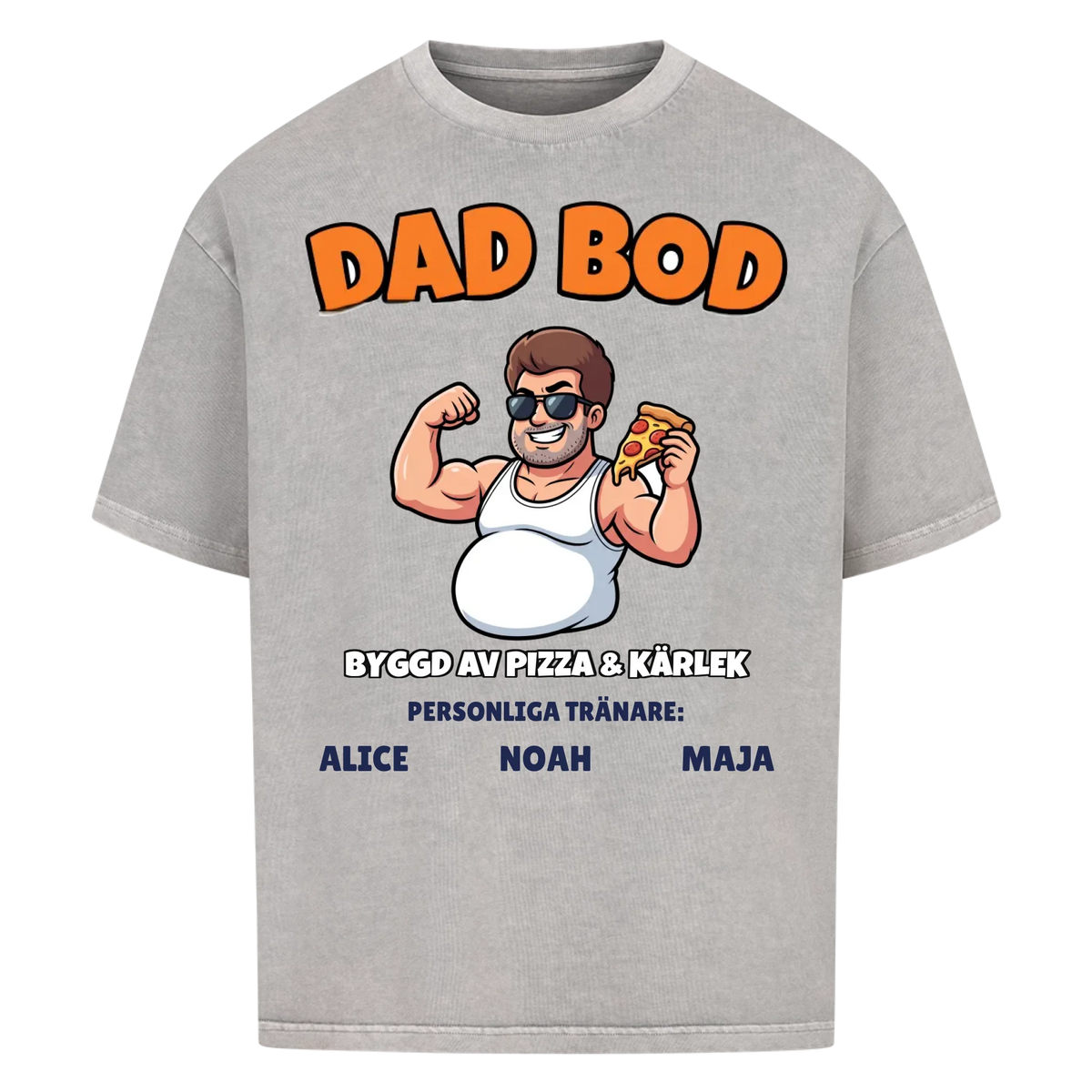 Dad Bod t-shirt med ditt foto som tecknad pappa och barnens namn. Rolig present till pappa