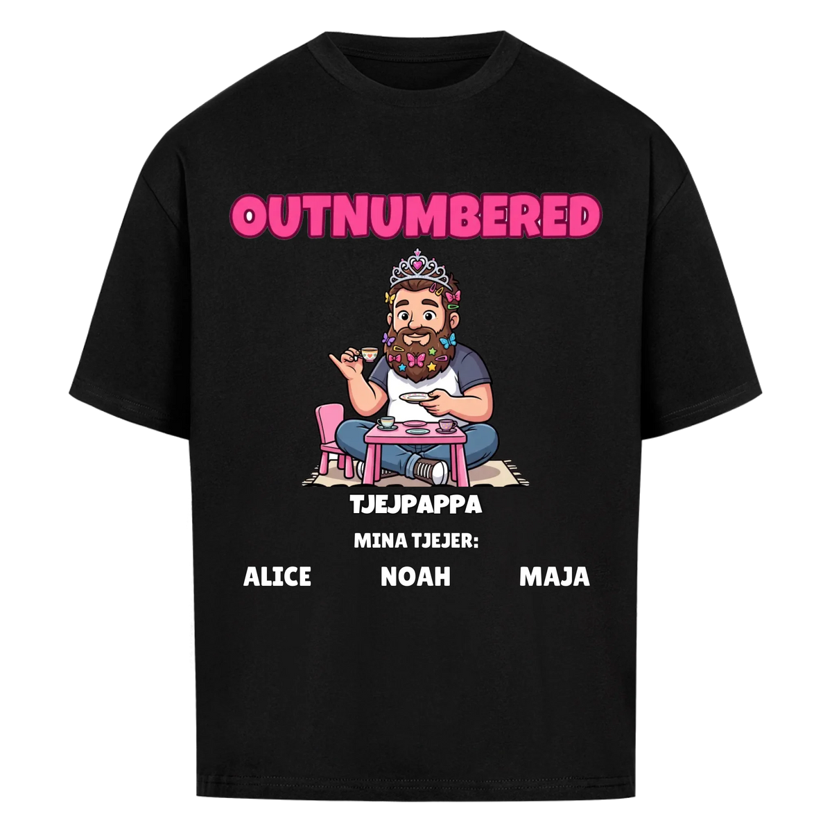 Girl Dad t-shirt med ditt foto som tecknad pappa och döttrarnas namn. Personlig present till pappa
