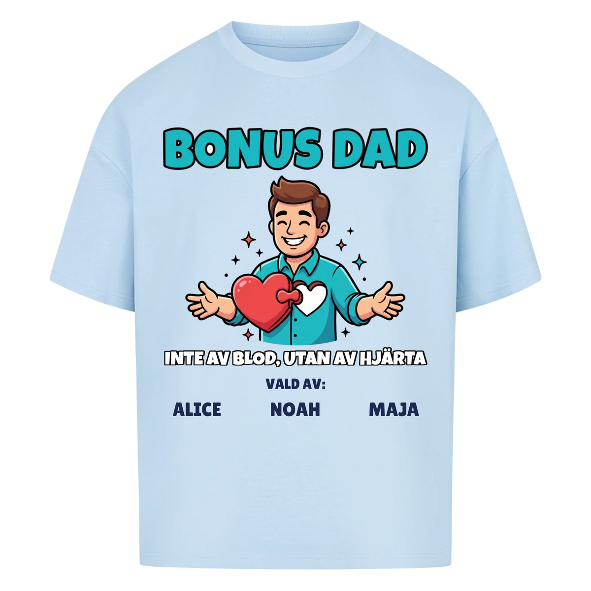 Bonus Dad t-shirt med ditt foto som tecknad bonuspappa och barnens namn. Personlig present till bonuspappa