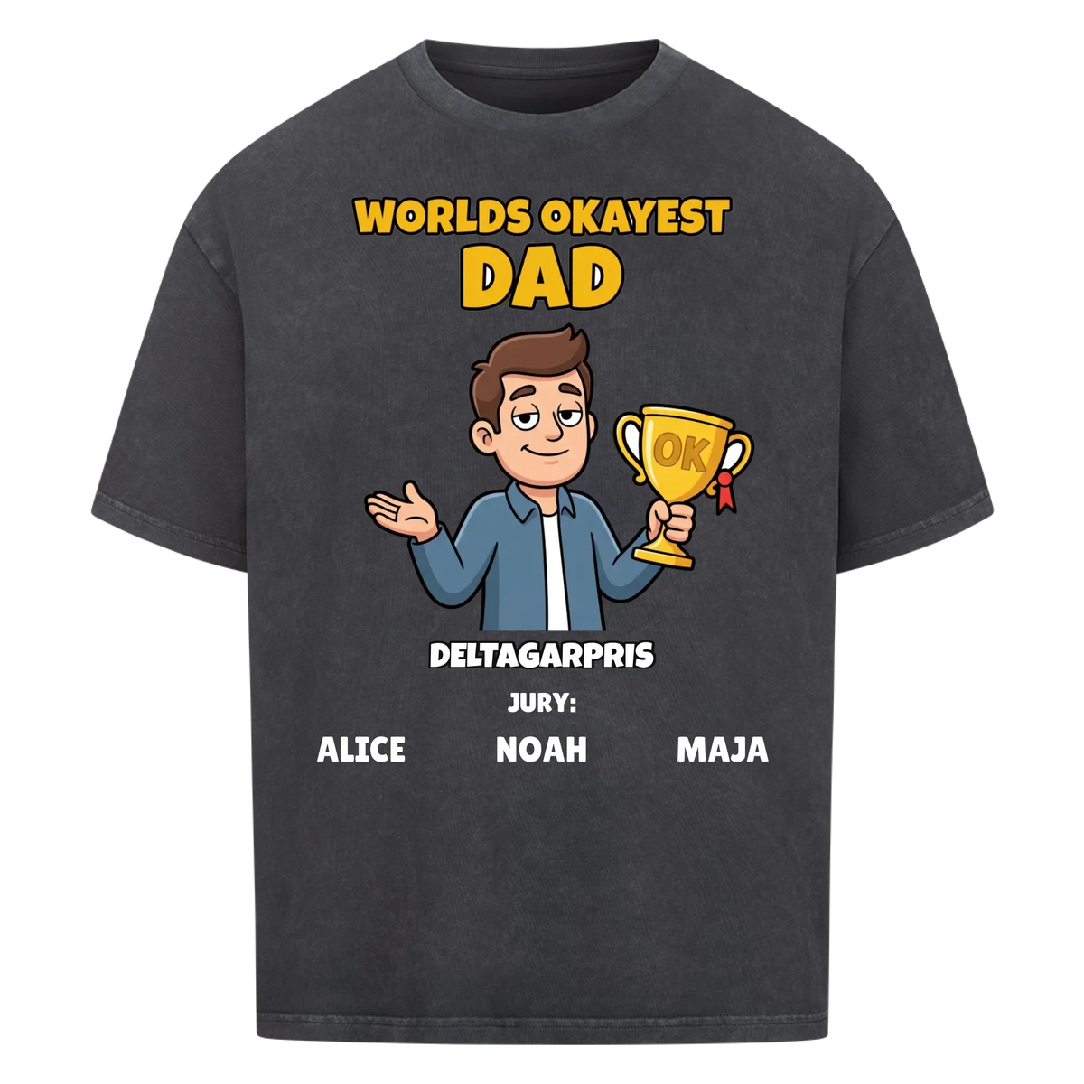 Worlds Okayest Dad t-shirt med ditt foto som tecknad pappa och barnens namn. Rolig present till pappa