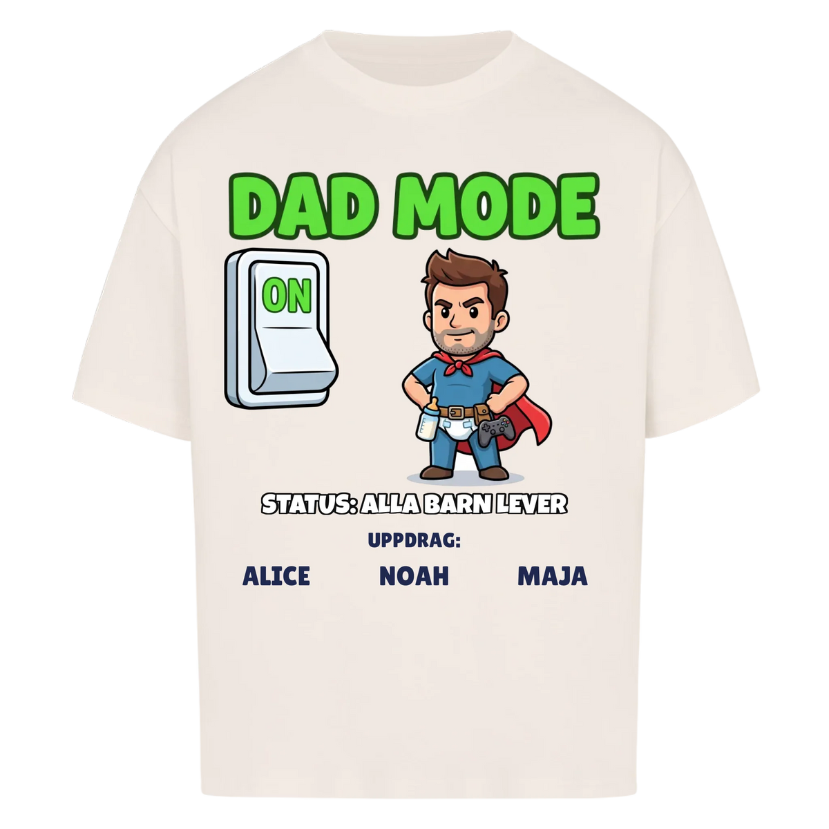 Dad Mode t-shirt med ditt foto som tecknad superpappa och barnens namn. Rolig present till pappa