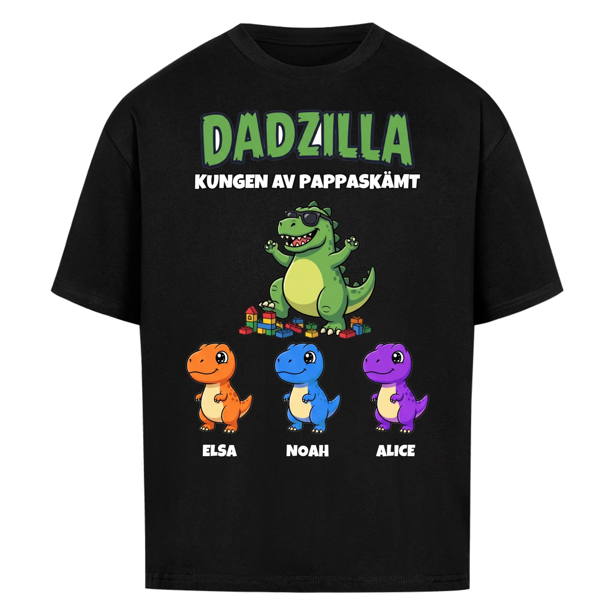 Dadzilla t-shirt med tecknad monsterpappa, små monster och barnens namn. Rolig present till pappa