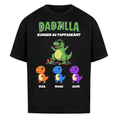 Dadzilla t-shirt med tecknad monsterpappa, små monster och barnens namn. Rolig present till pappa