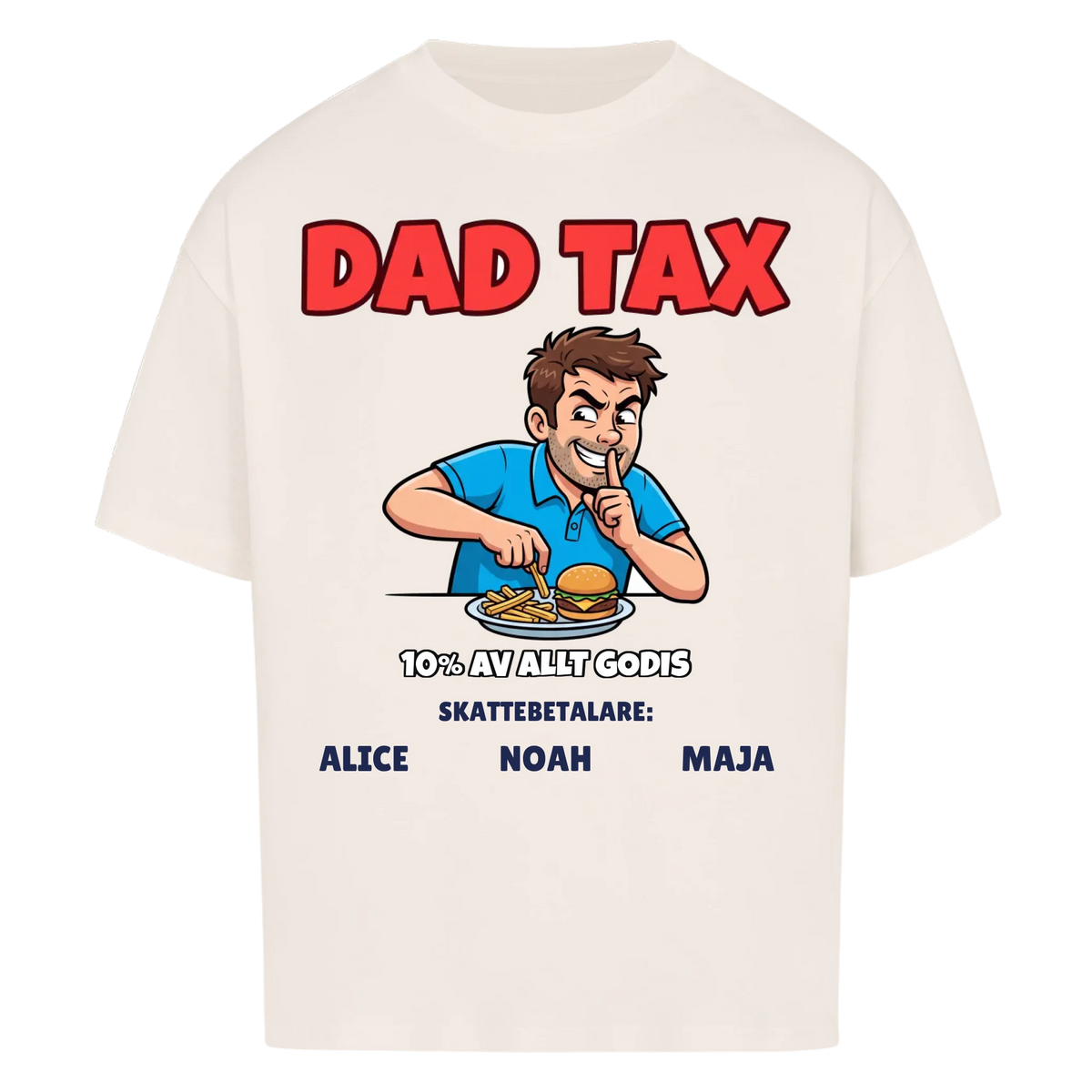 Dad Tax t-shirt med ditt foto som tecknad pappa och barnens namn. Rolig present till pappa